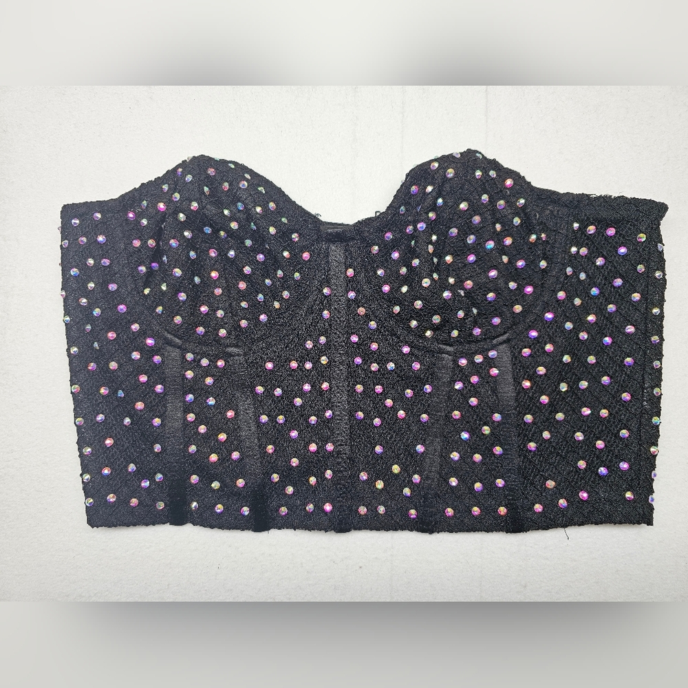 Rhinestone Bustier Top Black Medium Embellished Sleeveless Party Corset